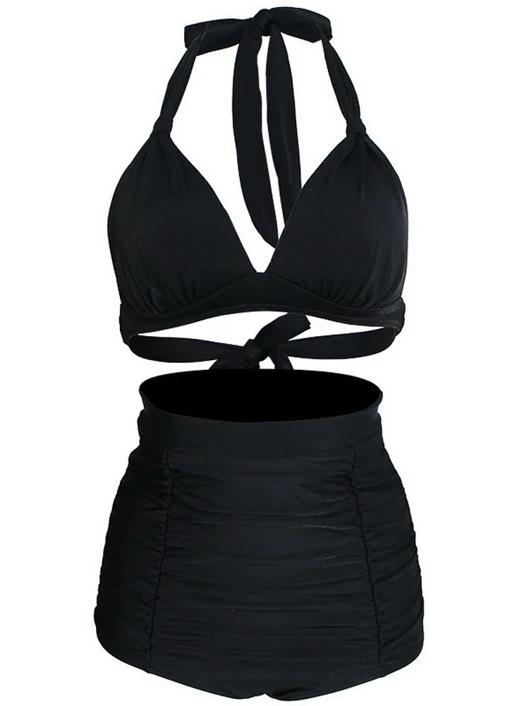 Pleated Bikini Women Classic High Waist Halter Bikini Sets Two-piece