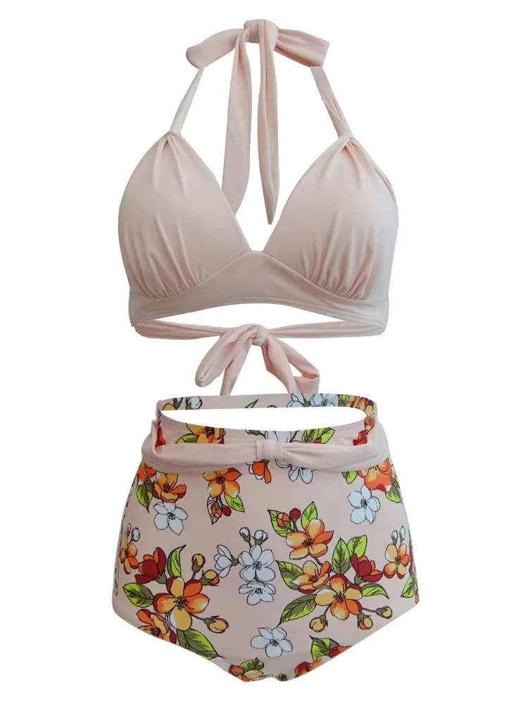 Pleated Bikini Women Classic High Waist Halter Bikini Sets Two-piece