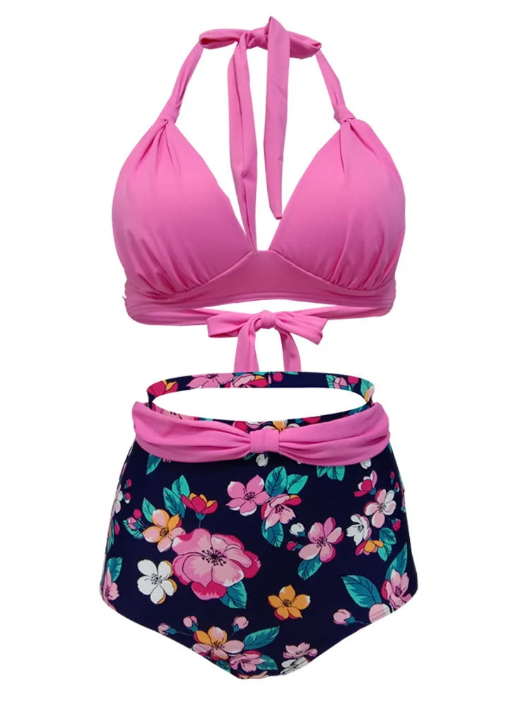 Pleated Bikini Women Classic High Waist Halter Bikini Sets Two-piece