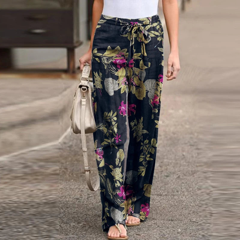 Vintage Women Drawstring Trousers  Autumn Fashion Floral Printed Wide Leg Pants Ladies Casual Loose Long Pantalones