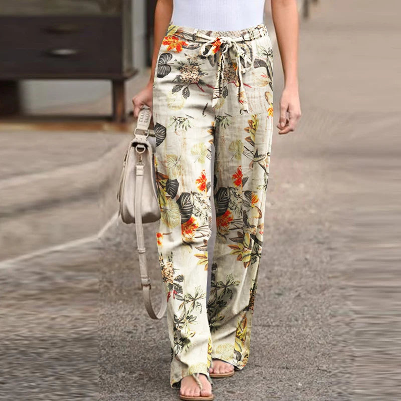 Vintage Women Drawstring Trousers  Autumn Fashion Floral Printed Wide Leg Pants Ladies Casual Loose Long Pantalones