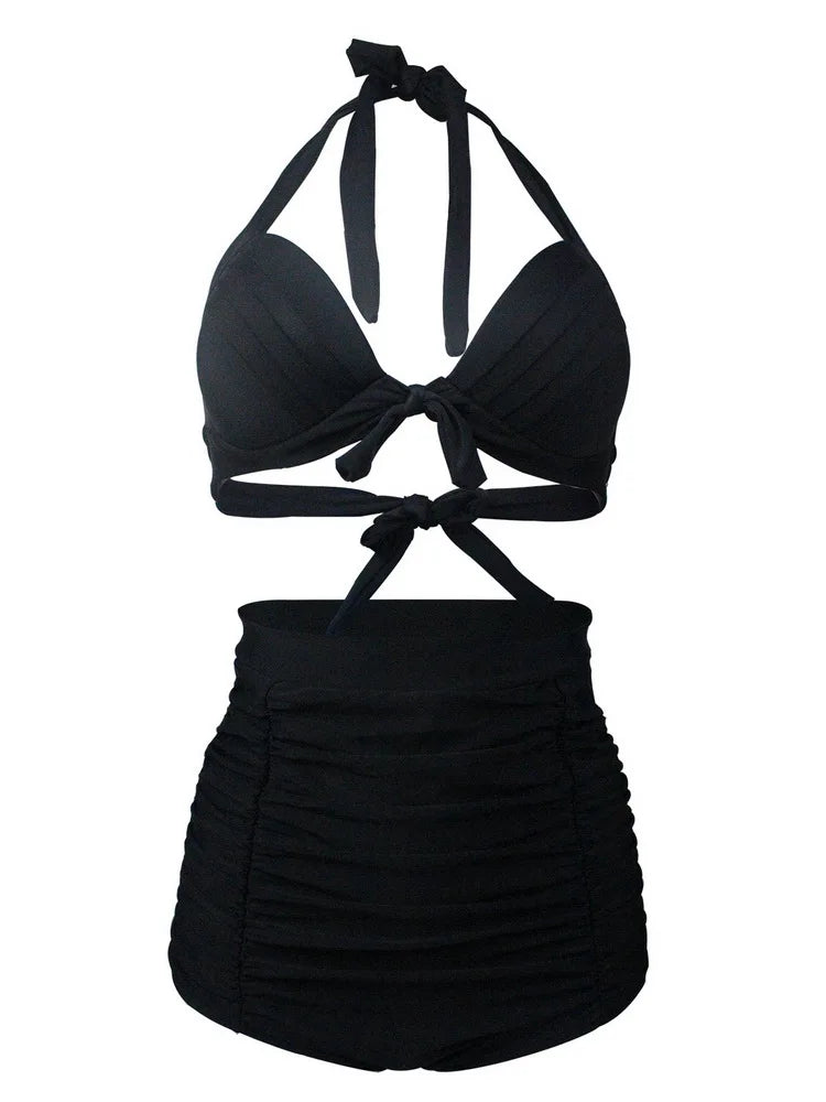 Pleated Bikini Women Classic High Waist Halter Bikini Sets Two-piece