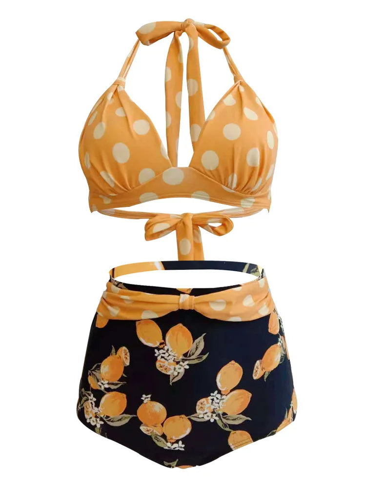 Pleated Bikini Women Classic High Waist Halter Bikini Sets Two-piece