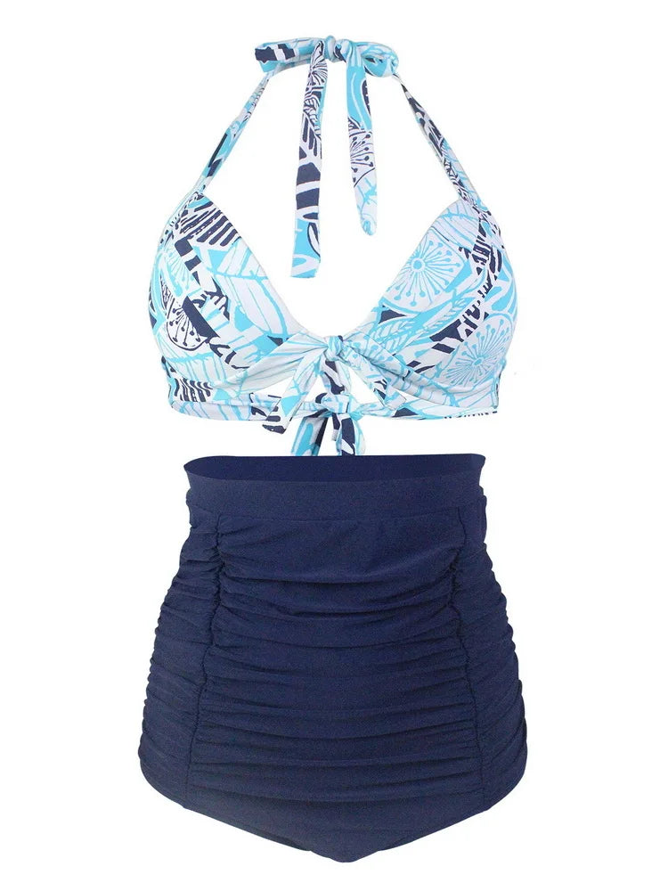 Pleated Bikini Women Classic High Waist Halter Bikini Sets Two-piece