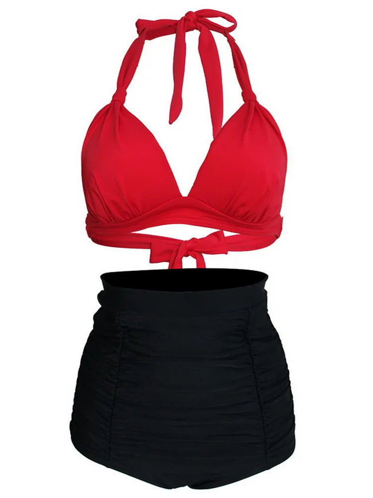 Pleated Bikini Women Classic High Waist Halter Bikini Sets Two-piece