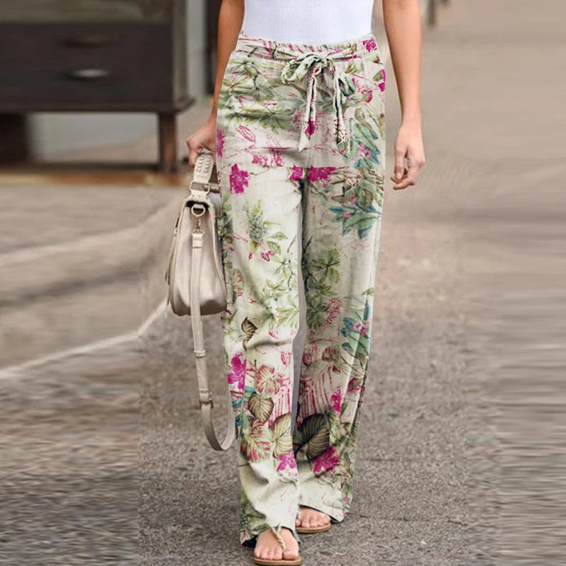 Vintage Women Drawstring Trousers  Autumn Fashion Floral Printed Wide Leg Pants Ladies Casual Loose Long Pantalones