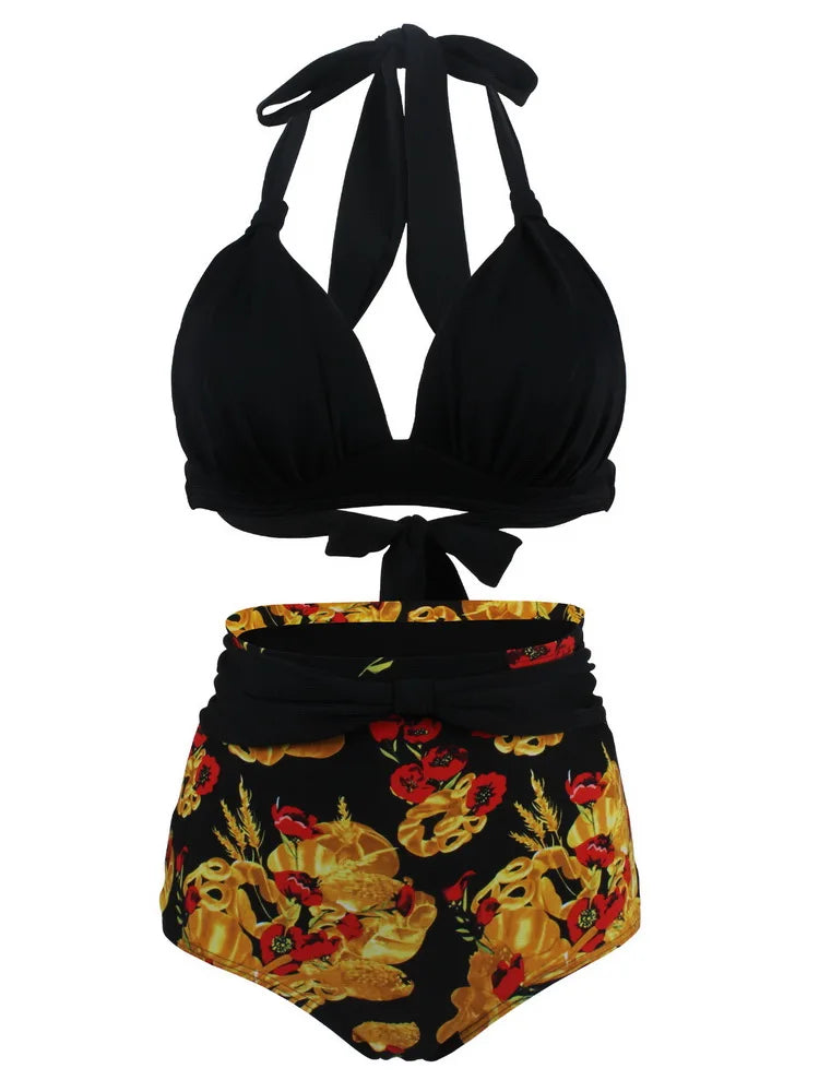 Pleated Bikini Women Classic High Waist Halter Bikini Sets Two-piece