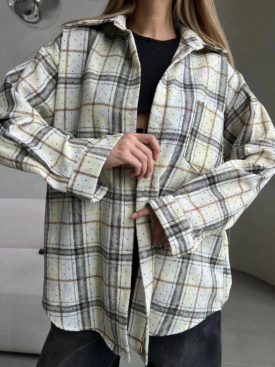 Women's Spring Loose Blouse Rhinestone Lapel Casual Top Long Sleeve Plaid T-Shirt Korean Style Vintage Fashion Chic Middle Age