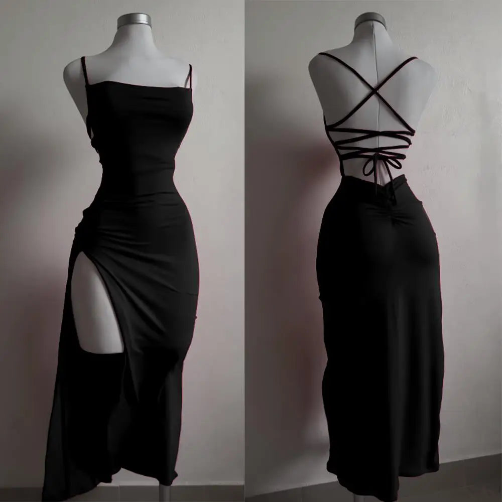 Summer High Sensibility Halter Strap Dress Ankle-Length Slim Fit Spaghetti Strap Spice Girl Style Junior Women's Polyester Elastane