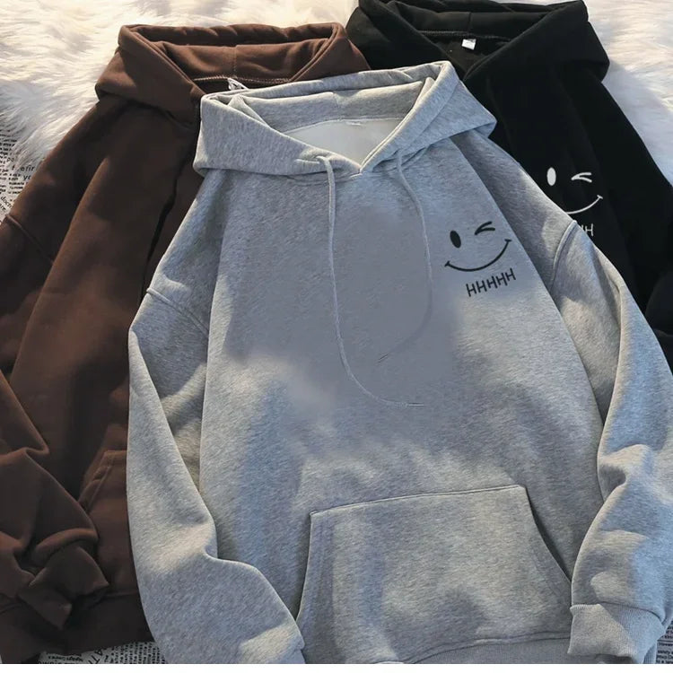 Women's Smiling Face Funny Fashion Couple Hooded Sweater American Heavyweight Loose Thickened Cashmere Boys' Hoodie Pullover Top