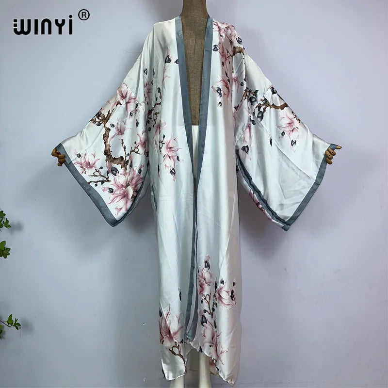 Women Cardigan stitch Cocktail sexy Boho Maxi African Holiday Batwing Sleeve Silk feeling Robe