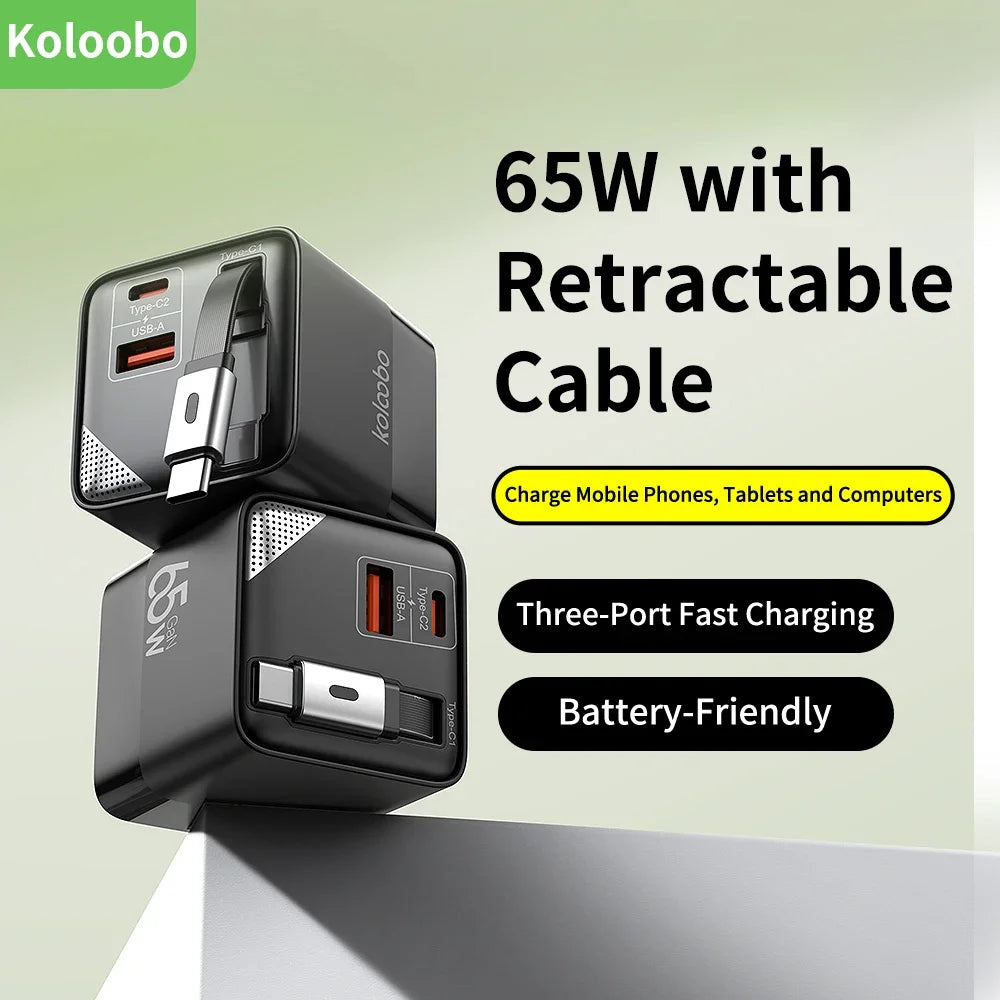 65W GaN Fast Charger Three-Port USB-C Charging Head Built-in 80cm Retractable TypeC Cable for iPhone16 15 14 13 Xiaomi Samsung