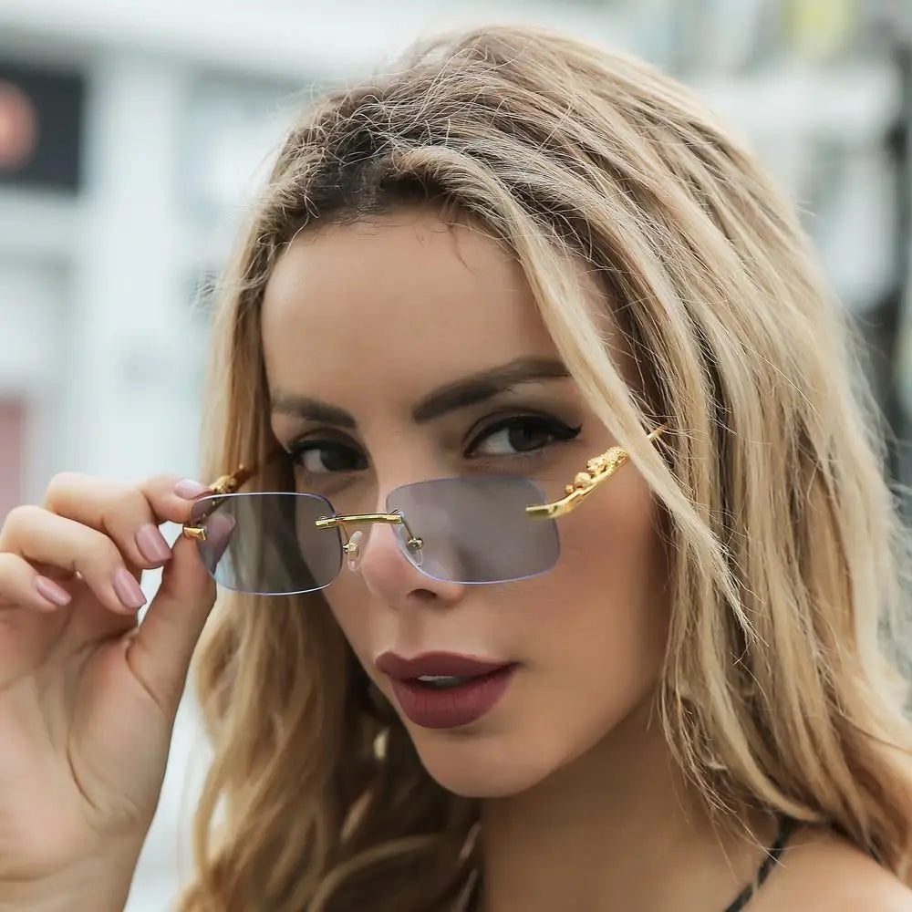 Rimless Square Sunglasses Women Men Luxury Brand Designer Popular Travel Driving Metal Leopard Head Sun Glasses Shade Eyewear