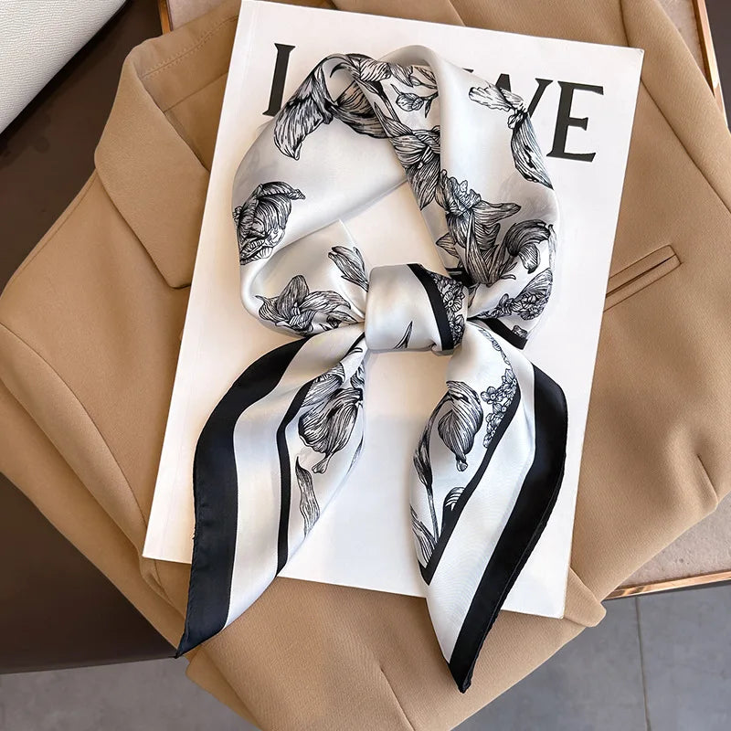 Luxury Imitation Silk Scarf Black And White Striped Head Wrap For Women Multifunction Silk Feeling Neckerchief