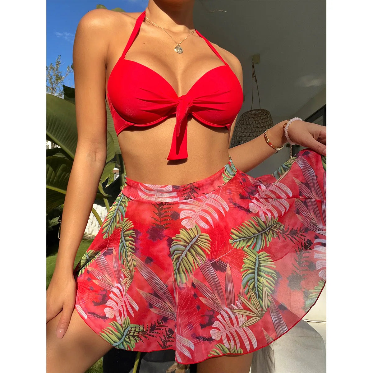 Cikini-Tropical Print Push Up Bikinis Set for Women, Swimsuit with Beach Skirt, Sexy Swimwear, Summer Bathing Suit