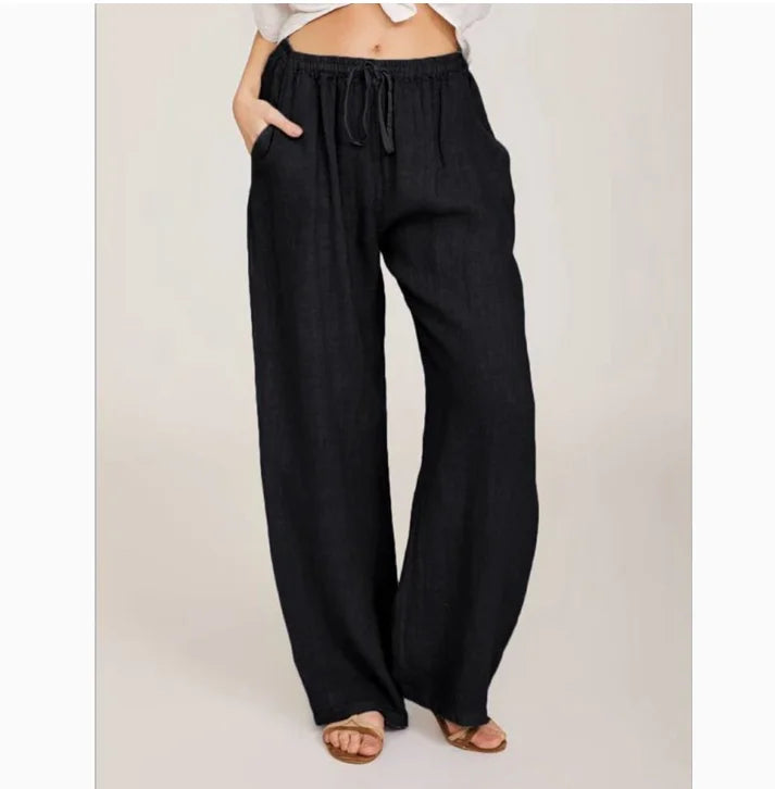 Women Fashion Cotton Linen Pants Elastic Waist Loose Straight Pants Female Casual Solid Color Versatile Trousers