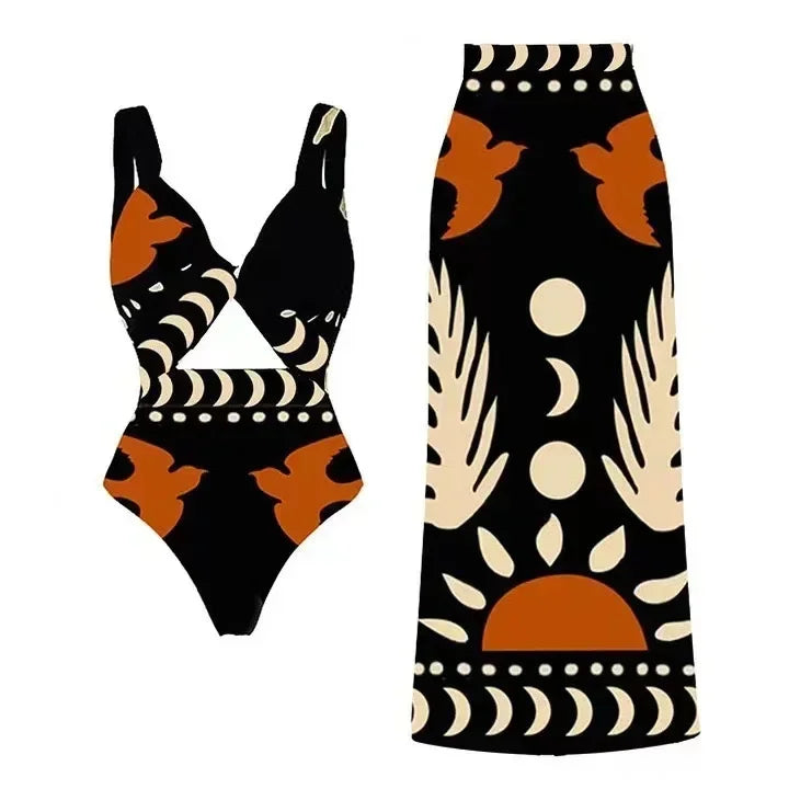 Sexy Bird Print Mesh High Waist Bikini 3 Pieces Sets Women Fashion Hollow Out One Pieces Swimwear 2026 New Beach Sarong Monokini