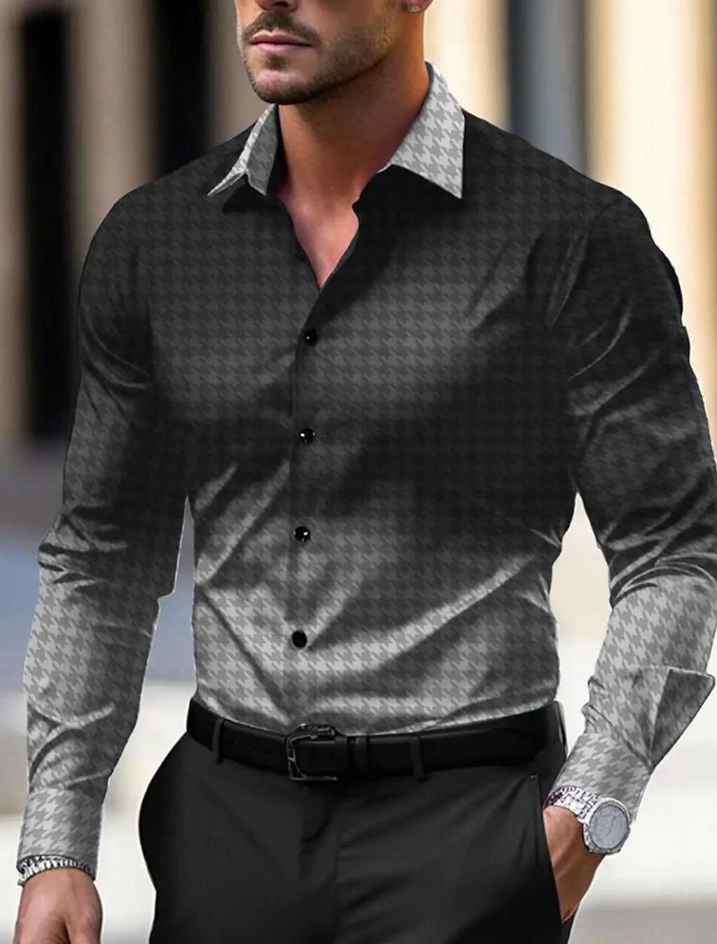 Men's Business Casual Printed Long Sleeve Shirt Formal Button Up Shirt Cuffed Long Sleeve