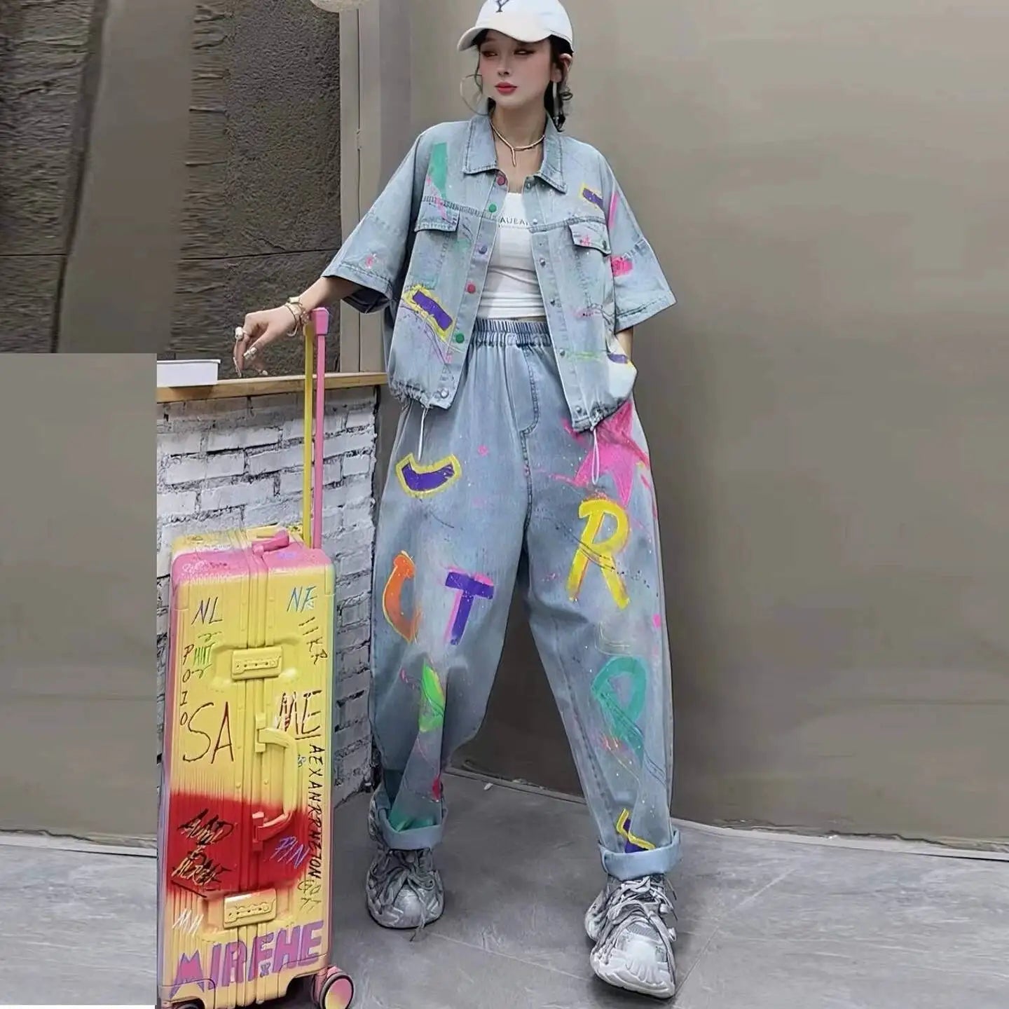 Personalized Hand-painted Denim Outfit Women 2026 Summer Short-sleeve Coat + Loose Long Pants Two-piece Set