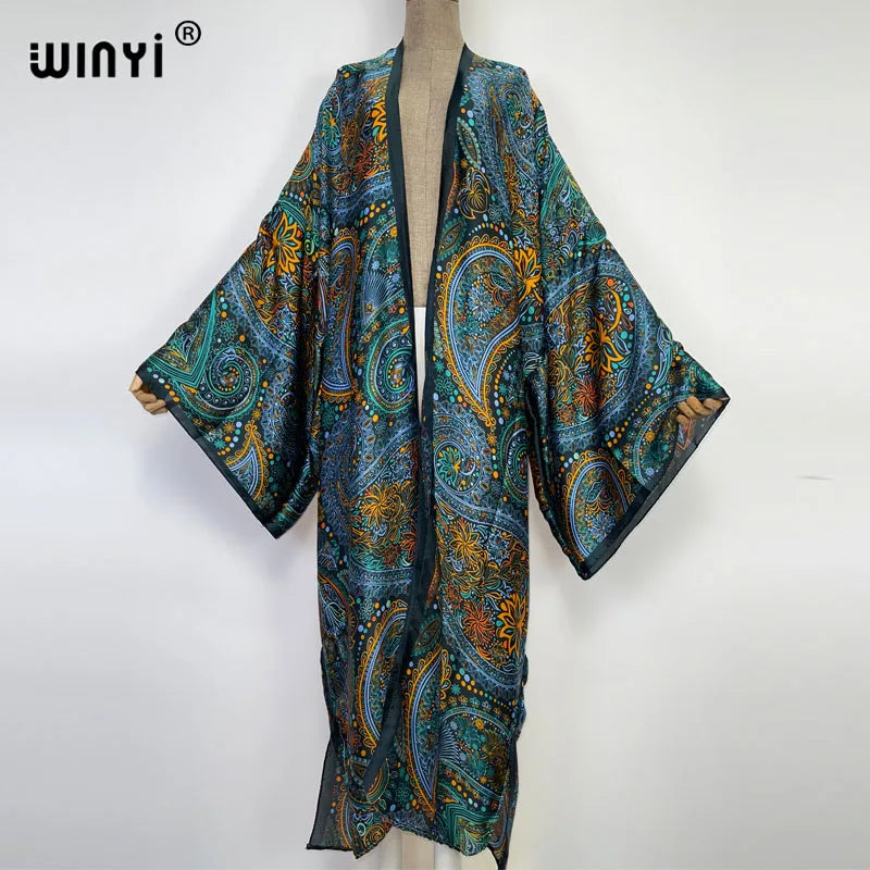 Women Cardigan stitch Cocktail sexy Boho Maxi African Holiday Batwing Sleeve Silk feeling Robe