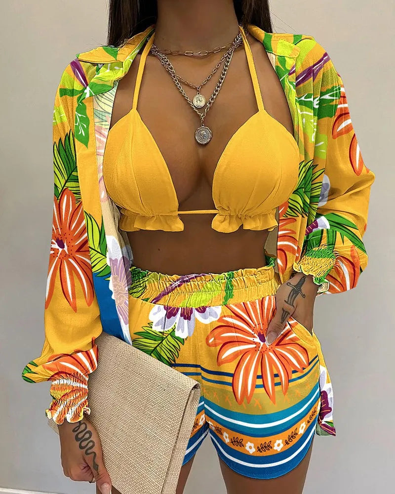 New Bathing Suit Shorts Cover Up Summer Three Pieces Swimwear Sexy Beachwear High Waist Bikini Set Print Women's Swimsuit