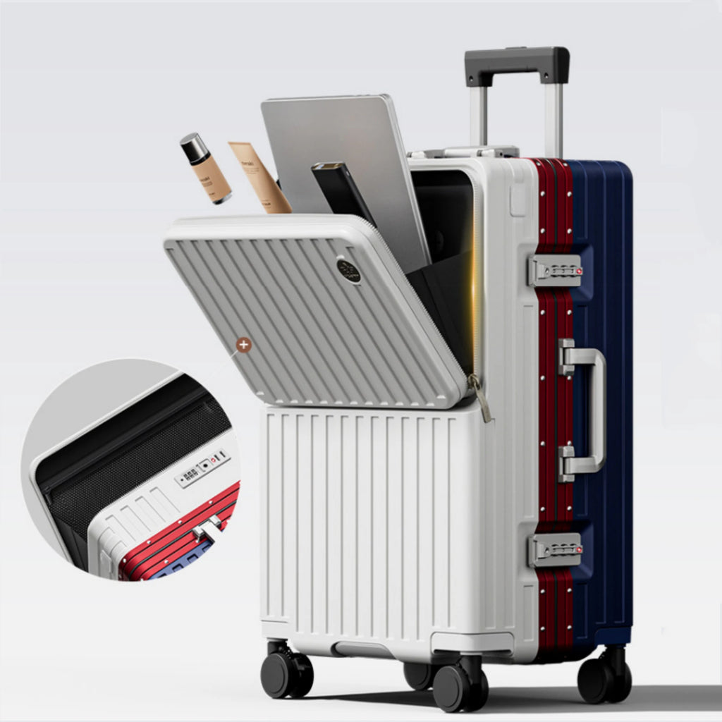 Front Opening Pocket Suitcase PC Material Travel Rolling Luggage with Aluminum Frame TSA Lock Cup Holder Charging Port 20/24/26