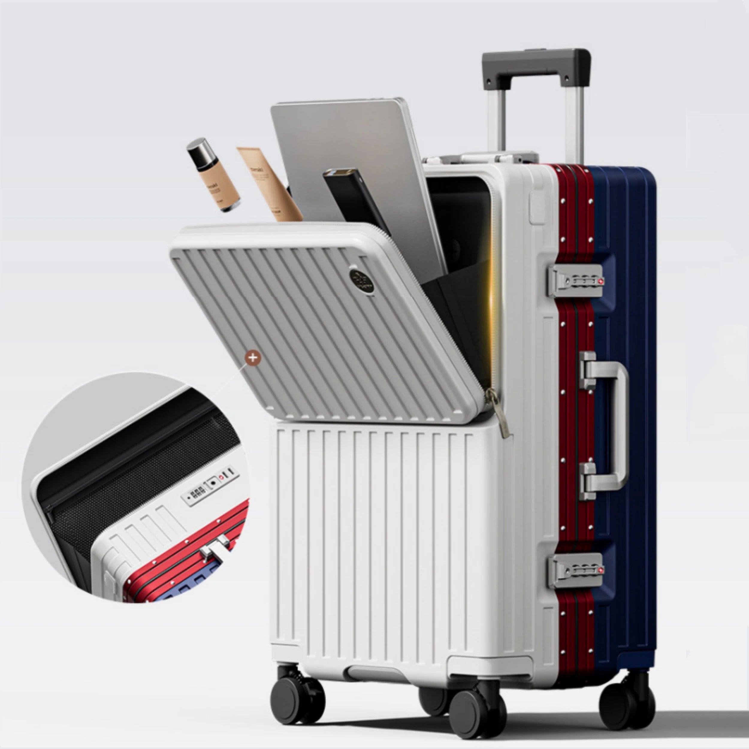 Front Opening Pocket Suitcase PC Material Travel Rolling Luggage with Aluminum Frame TSA Lock Cup Holder Charging Port 20/24/26