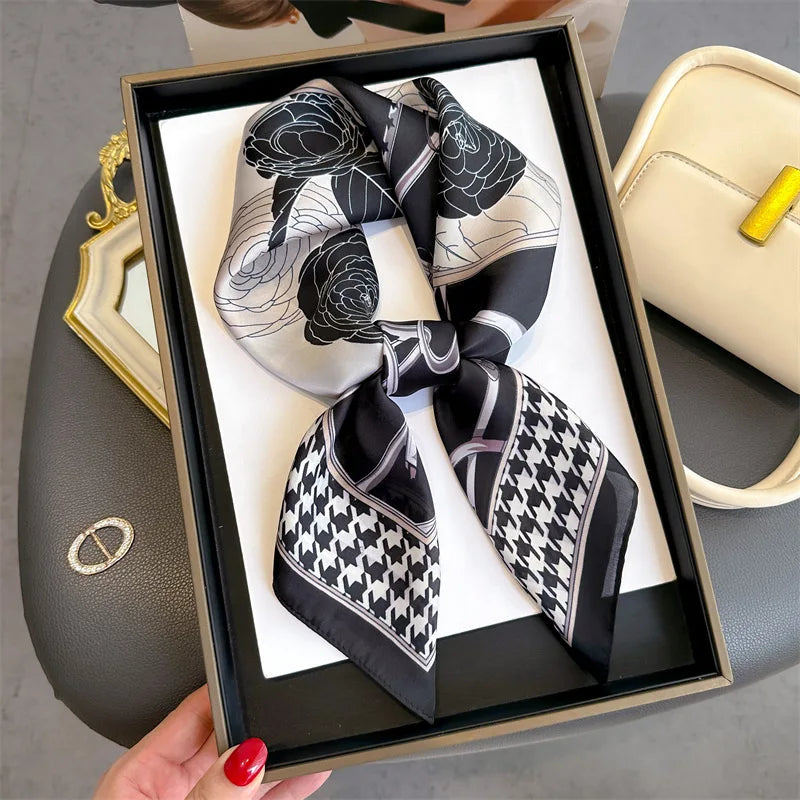 Luxury Imitation Silk Scarf Black And White Striped Head Wrap For Women Multifunction Silk Feeling Neckerchief