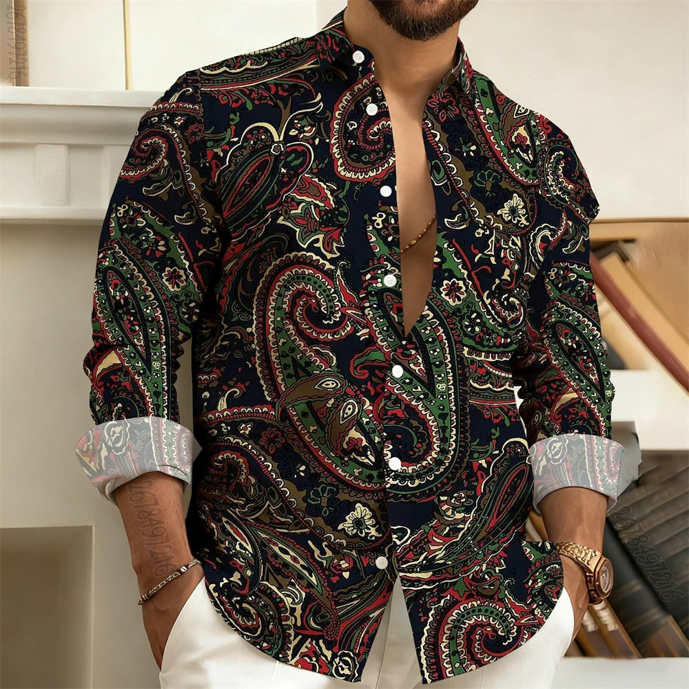 Men's Long-Sleeved Shirt with Paisley Cashew Pattern Print, Vintage, Comfortable, and Stylish Casual Men's Lapel Top