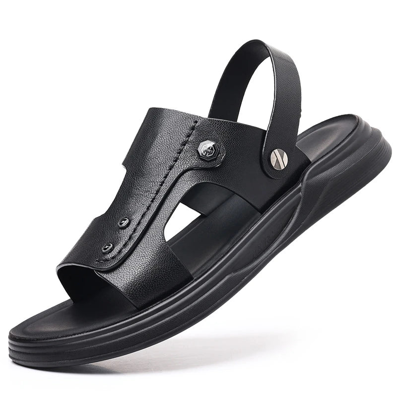 Mens First Layer Sheepskin Summer Sandals Genuine Leather Beach Shoes Casual Slip On Leather Slippers Comfortable Outdoor Male