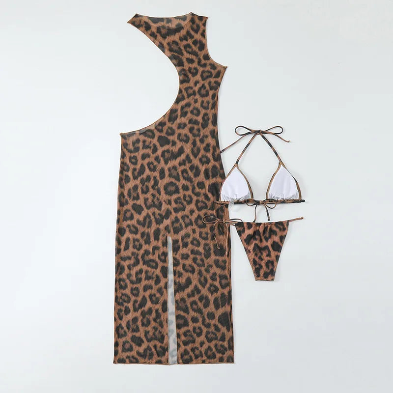 Women Beach Bikini Set with Cutout Leopard Printed Sexy Long Bodycon Swimsuit Three 2 Piece Set Swimwear Bathing Suit