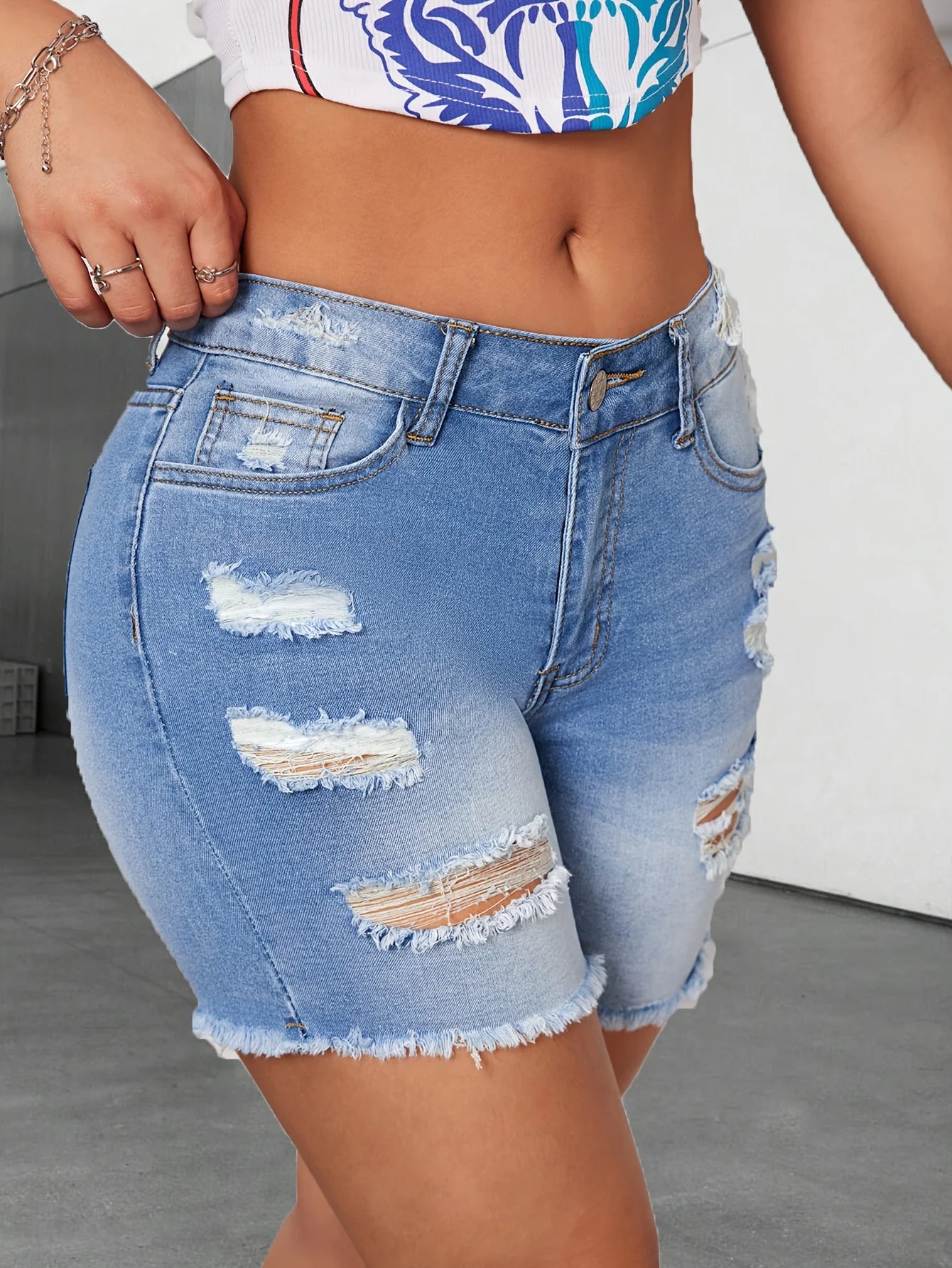 Summer Women's Denim Shorts, Light Blue Ripped Hem Jeans, Stretch Casual Fashion Denim Shorts