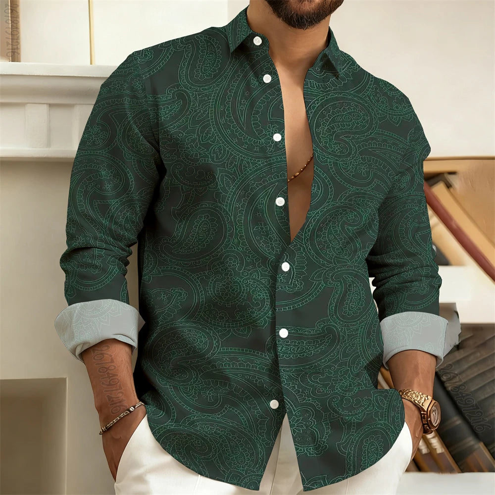 Men's Long-Sleeved Shirt with Paisley Cashew Pattern Print, Vintage, Comfortable, and Stylish Casual Men's Lapel Top