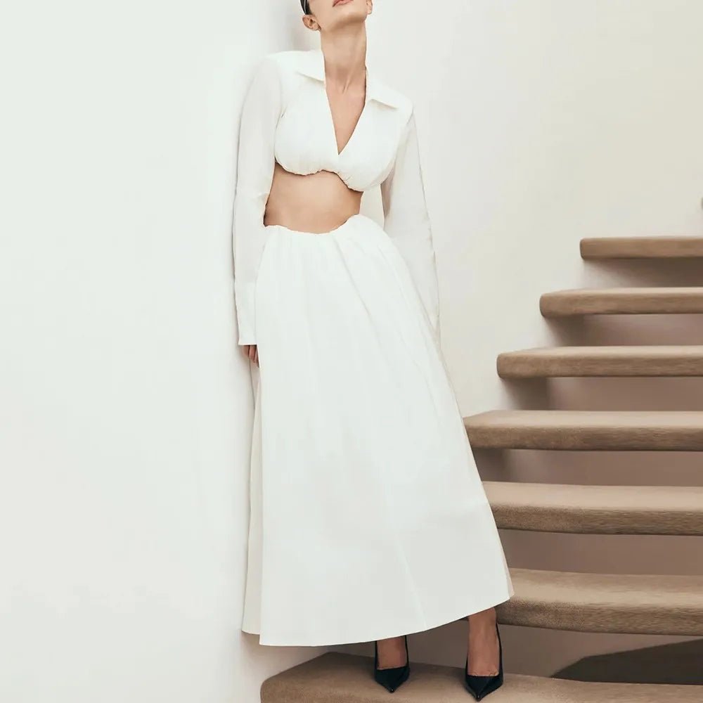 TWOTWINSTYLE White Spliced Folds Two Piece Set Female V Neck Long Sleeve Shirt Minimalist Streetwear Women's Skirt Set Fashion