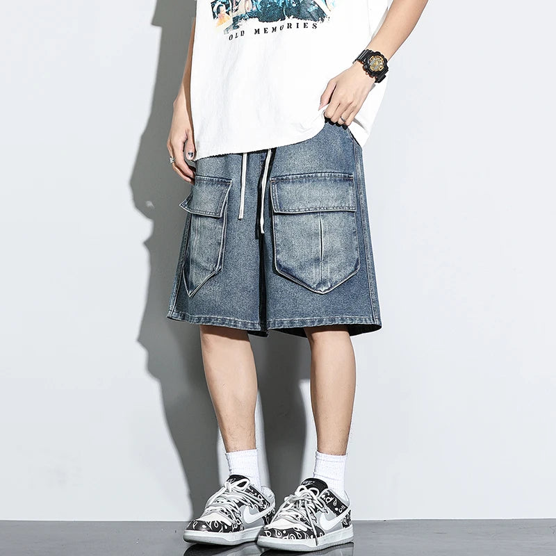 Bermuda Men's Denim Shorts Summer New Fashion Loose Jeans Casual Vintage Drawstring Cargo Short Pants Male Streetwear