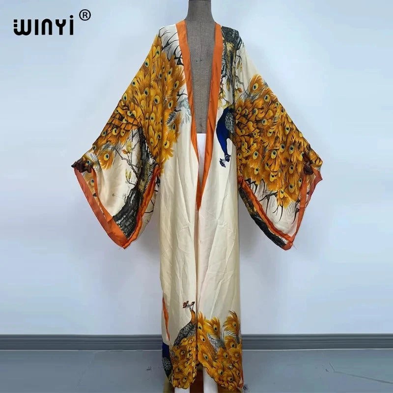 Women Cardigan stitch Cocktail sexy Boho Maxi African Holiday Batwing Sleeve Silk feeling Robe