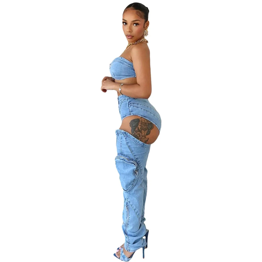 Denim Pants Sets for Women 2026 Sexy Streetwear Two Piece Set Outfits Chest Wrap Sleeveless Backless Top Hollow Out Jeans