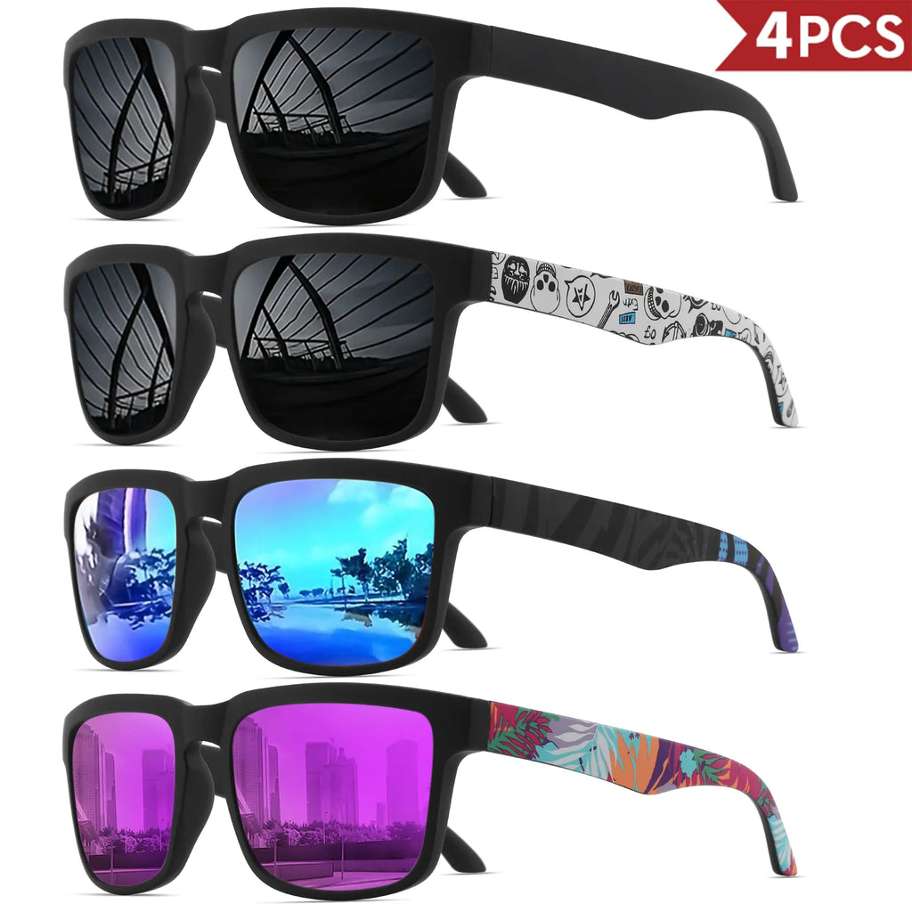 4PCS Square Sports Sunglasses with Designer Temple Pattern - UV400 for Men/Women, Beach Vacation