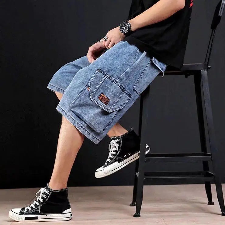 Men's Short Jeans Pants Straight Drawstring with Text Male Denim Shorts Cargo