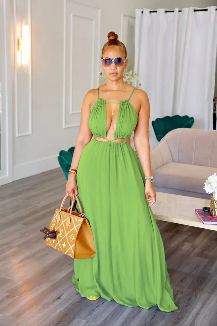 Women's Dress Summer Holiday Solid Long Dresses Sexy Drawstring Lace Up Sleeveless
