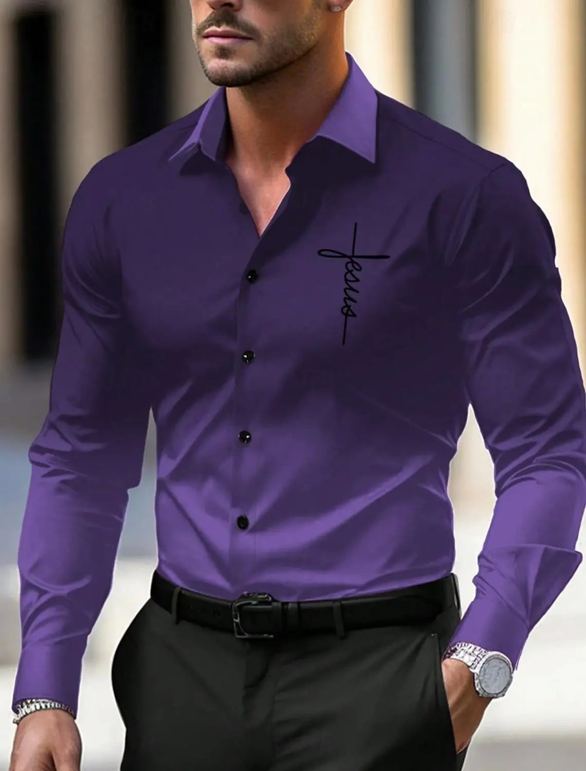 Men's Business Casual Printed Long Sleeve Shirt Formal Button Up Shirt Cuffed Long Sleeve