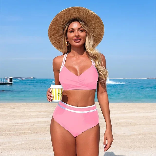 Women's solid colors/white stripe Bikini set beach style, two-piece swimsuit backless swimsuit