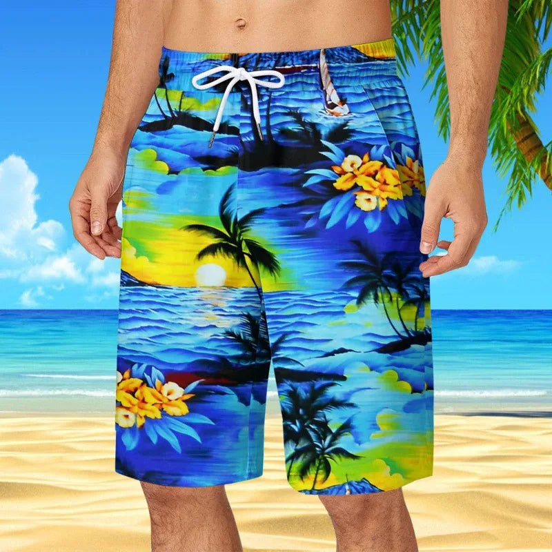 Men's Hawaiian Beach Shorts Coconut Tree 3D Print Quick Dry Oversized Surfing Board Shorts Summer Swimsuits Trunks Man Clothing