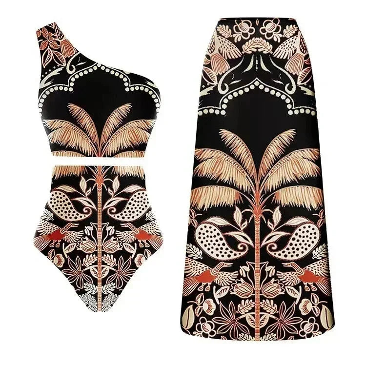 Sexy Bird Print Mesh High Waist Bikini 3 Pieces Sets Women Fashion Hollow Out One Pieces Swimwear 2026 New Beach Sarong Monokini