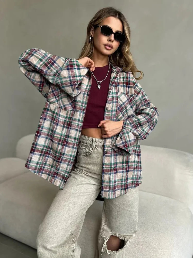Women's Spring Loose Blouse Rhinestone Lapel Casual Top Long Sleeve Plaid T-Shirt Korean Style Vintage Fashion Chic Middle Age