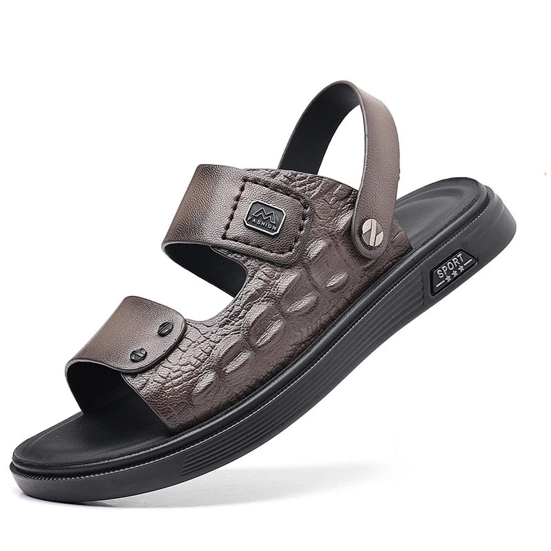 Mens First Layer Sheepskin Summer Sandals Genuine Leather Beach Shoes Casual Slip On Leather Slippers Comfortable Outdoor Male