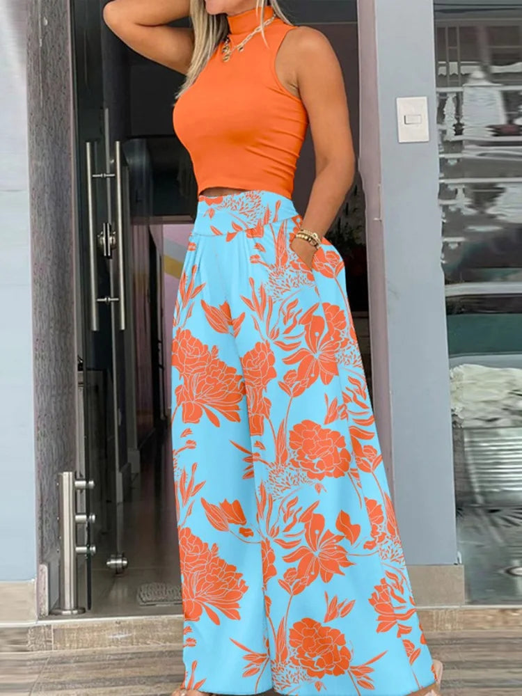 Plus Size Printing Two Piece Set Women Casual Solid Sleeveless Tank Top Wide Leg Pants Two Piece Set 2026 Fashion Clothing