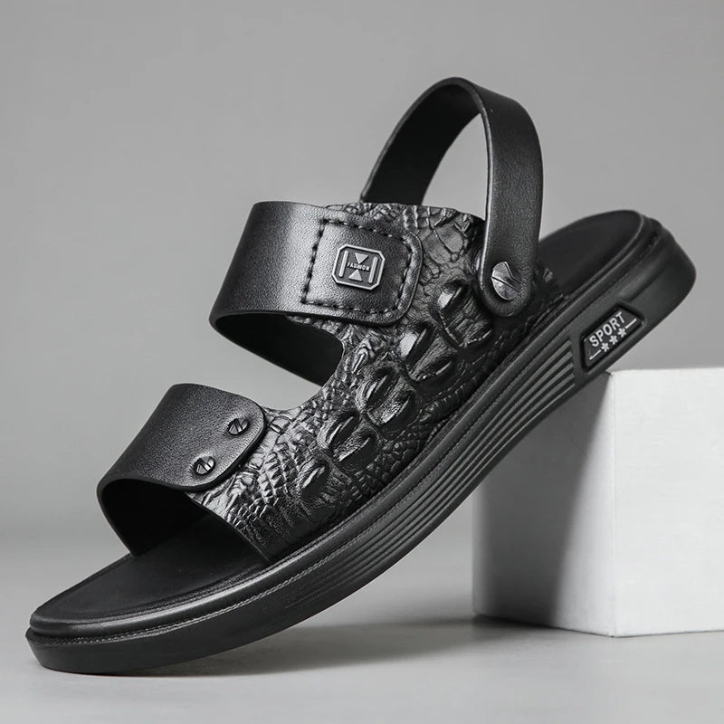 Mens First Layer Sheepskin Summer Sandals Genuine Leather Beach Shoes Casual Slip On Leather Slippers Comfortable Outdoor Male