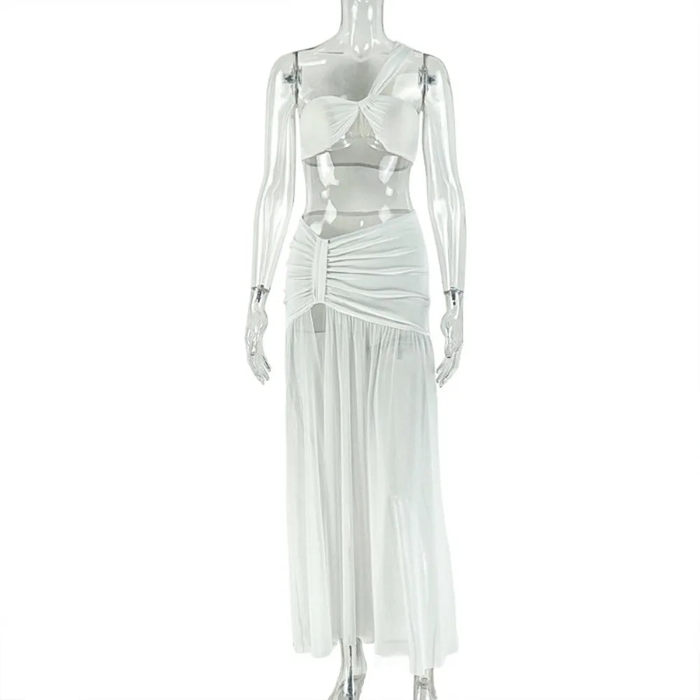 Sexy Mesh Ruched 2 Piece Sets Woman Strapless Crop Tops And High Split Long Skirts Suits Elegant Beach Vacation Clothing