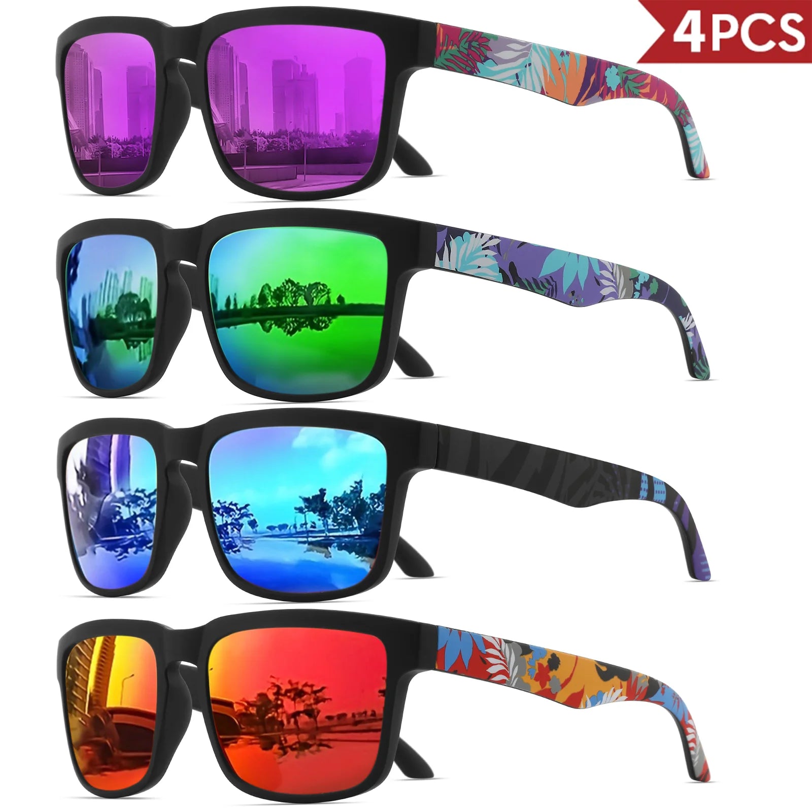 4PCS Square Sports Sunglasses with Designer Temple Pattern - UV400 for Men/Women, Beach Vacation